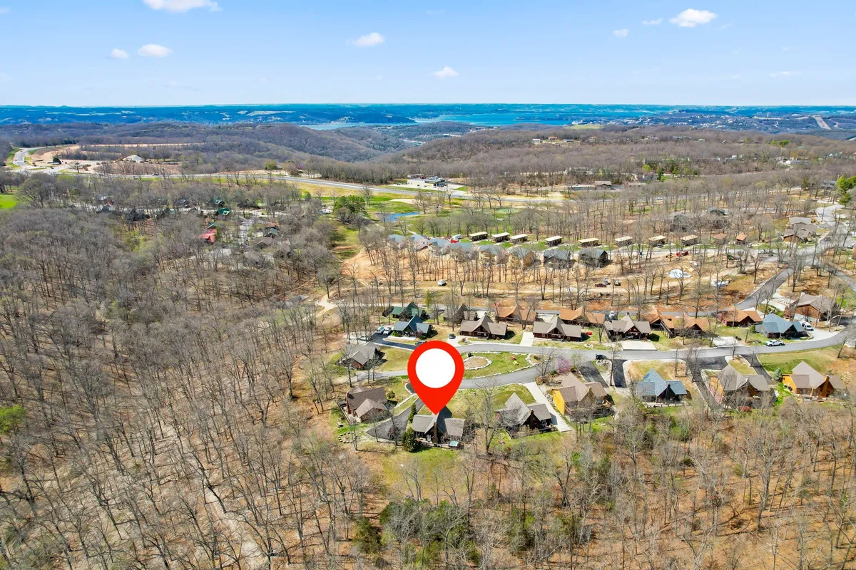 This image presents a tranquil, wooded neighborhood with wooden houses nestled among trees, winding roads, open fields, and a view of a lake in the distance. The scenery suggests access to nature trails and outdoor spaces ideal for walks and exploration with dogs.